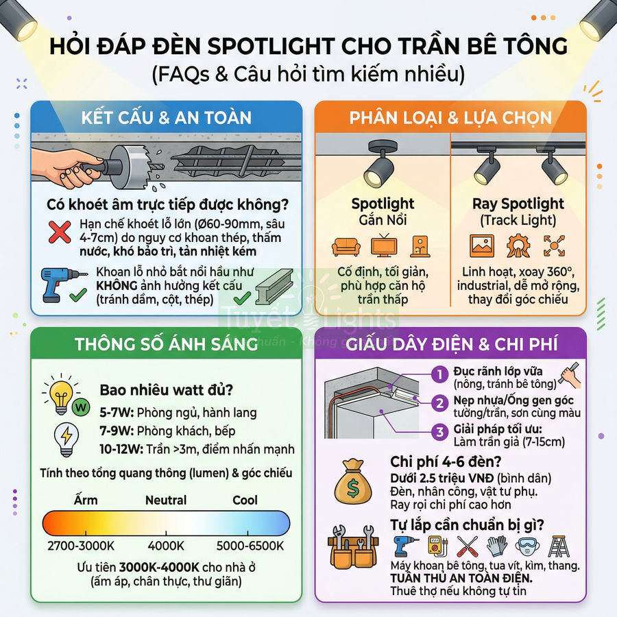 Infographic hướng dẫn chọn và lắp đặt đèn spotlight cho trần bê tông, thông số ánh sáng và chi phí thi công
