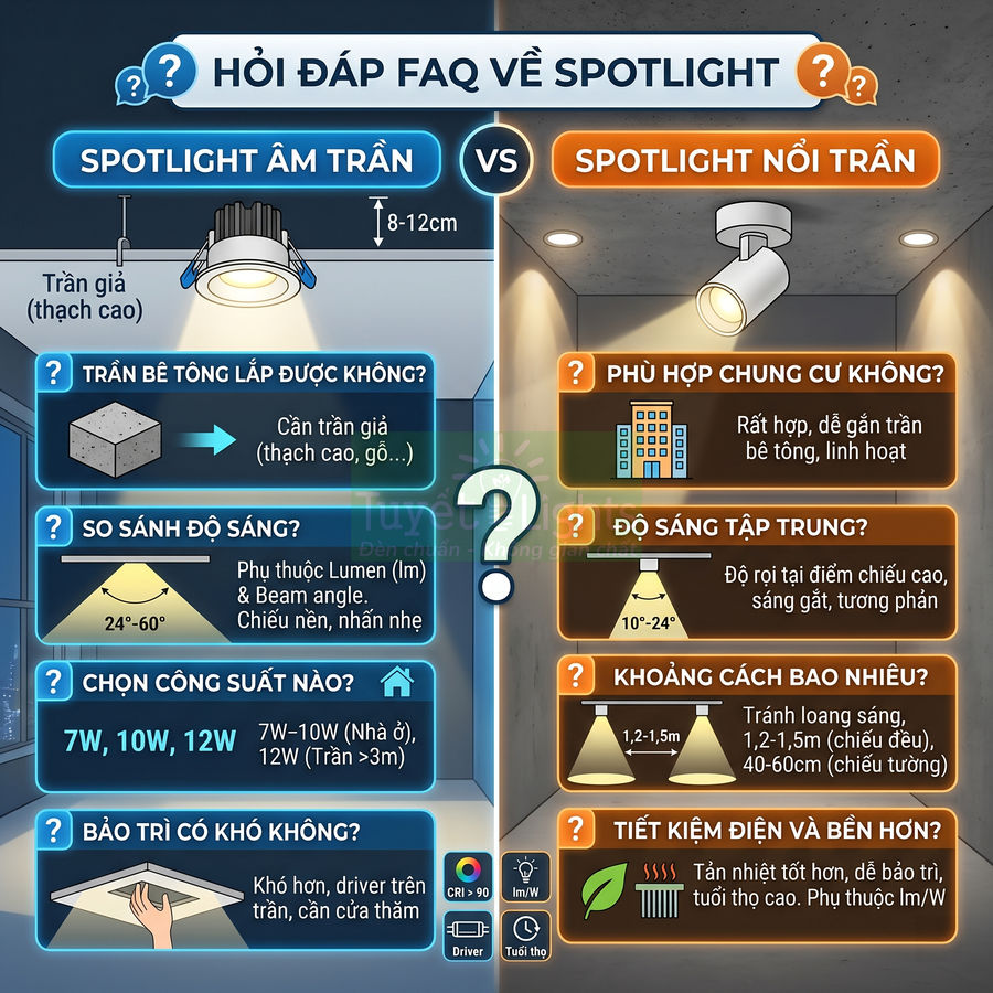 So sánh spotlight âm trần và spotlight nổi trần với các ưu nhược điểm và hướng dẫn chọn công suất