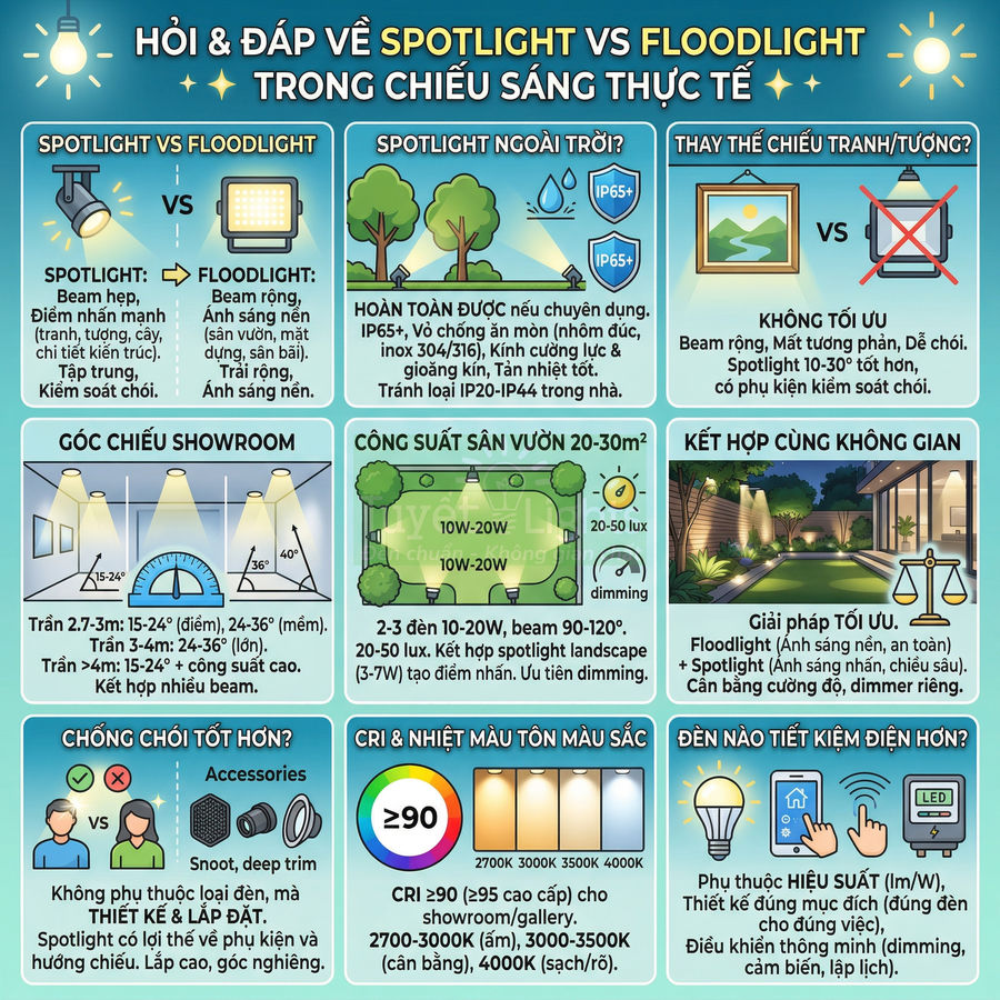 Infographic so sánh đèn spotlight và floodlight, hướng dẫn chọn loại đèn chiếu sáng phù hợp cho sân vườn và nội thất