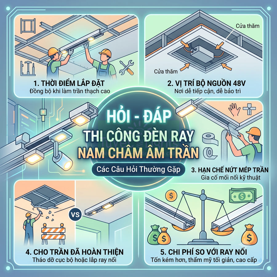 Hướng dẫn thi công đèn ray nam châm âm trần với các bước lắp đặt, vị trí nguồn và so sánh chi phí