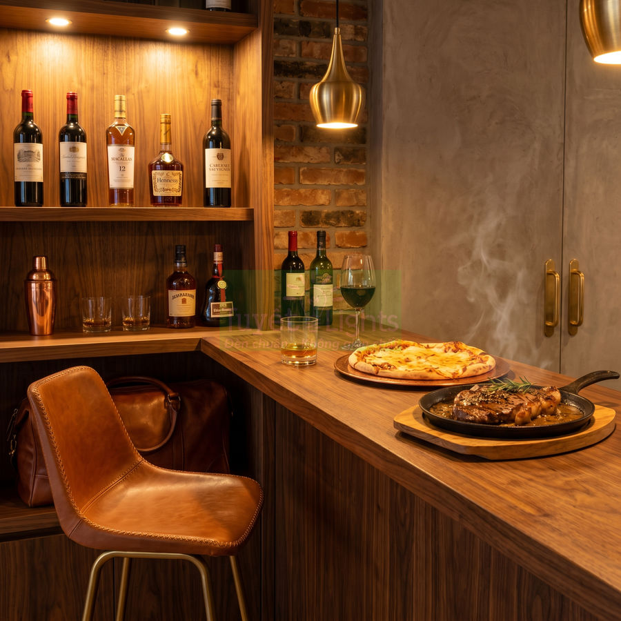 Quầy bar gỗ ấm cúng với ghế da, rượu vang và whisky trưng bày cùng pizza và bít tết nóng hổi trên mặt bàn