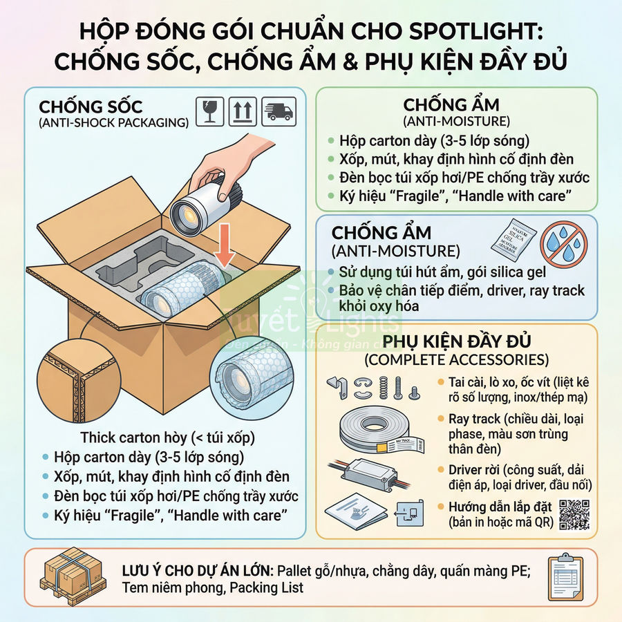 Hộp carton đóng gói đèn spotlight chống sốc chống ẩm kèm phụ kiện ray track và driver đầy đủ