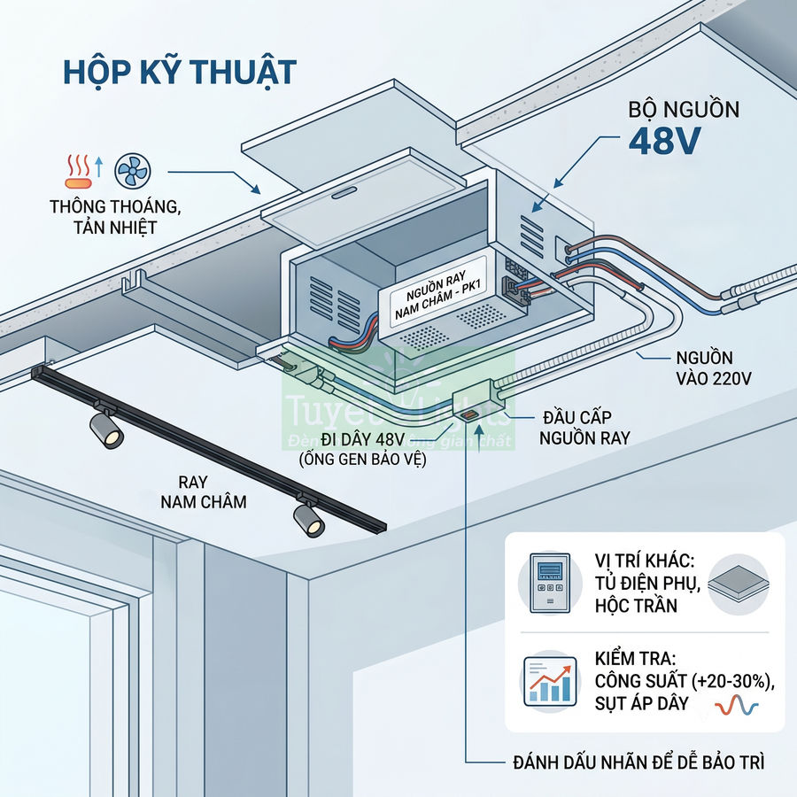 Sơ đồ lắp đặt bộ nguồn 48V cho hệ thống đèn ray nam châm âm trần trong hộp kỹ thuật trần nhà