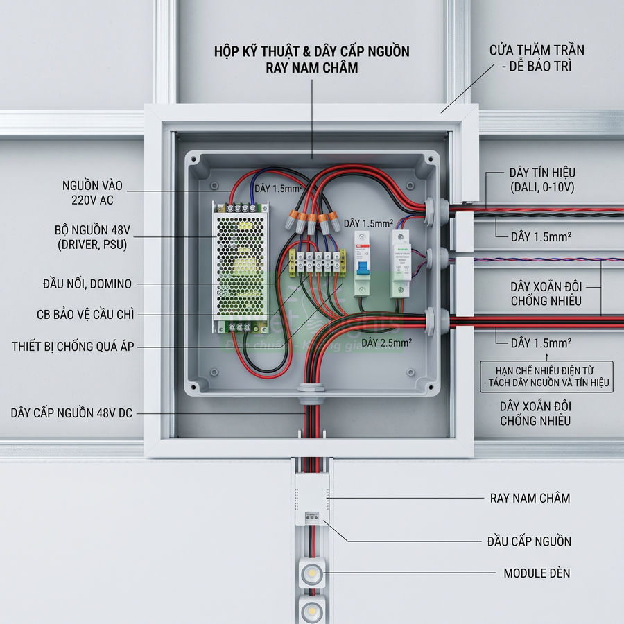 Hộp kỹ thuật và dây cáp nguồn ray nam châm cho hệ thống đèn âm trần 48V DC