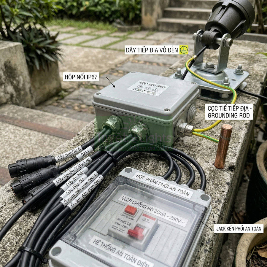 Hộp nối IP67 và hộp phân phối an toàn điện ngoài trời với dây cáp, dây tiếp địa và cọc tiếp địa