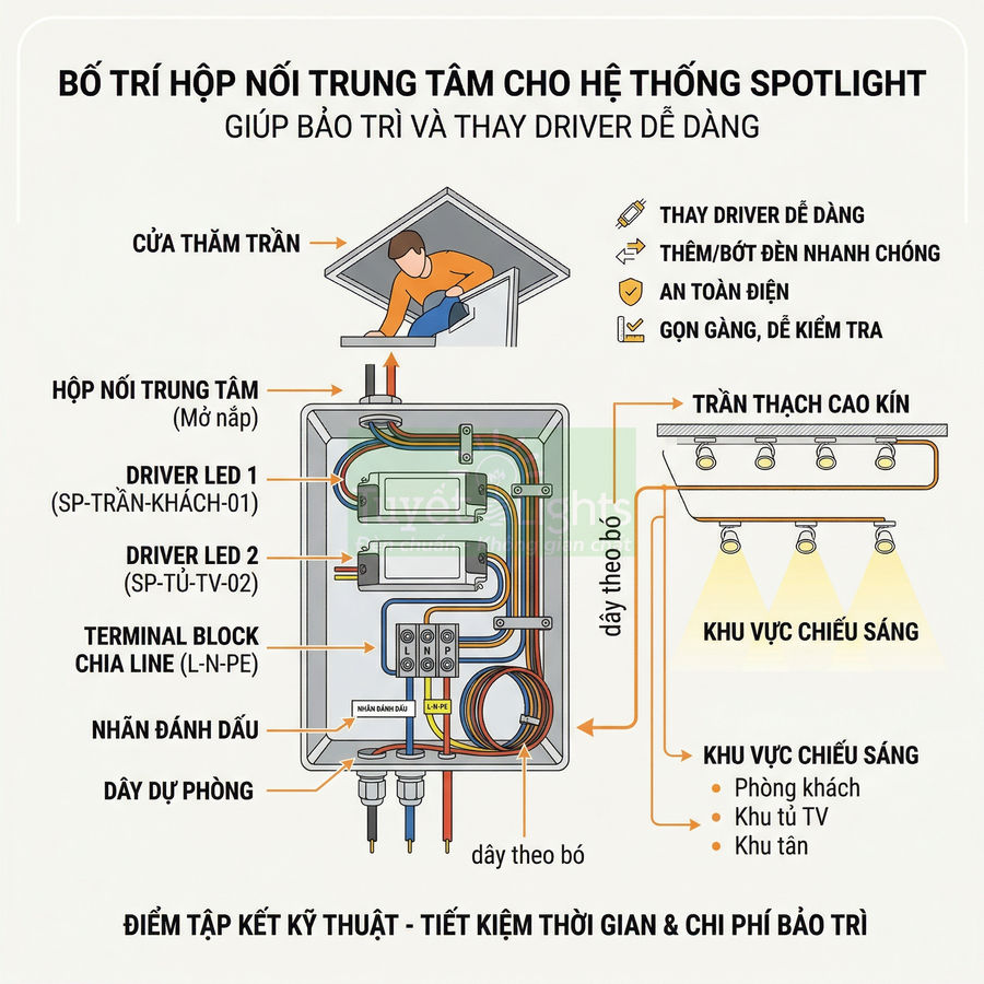 Sơ đồ bố trí hộp nối trung tâm cho hệ thống đèn spotlight âm trần giúp bảo trì và thay driver LED dễ dàng