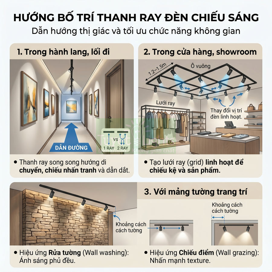Hướng dẫn bố trí thanh ray đèn chiếu sáng cho hành lang, cửa hàng và tường trang trí