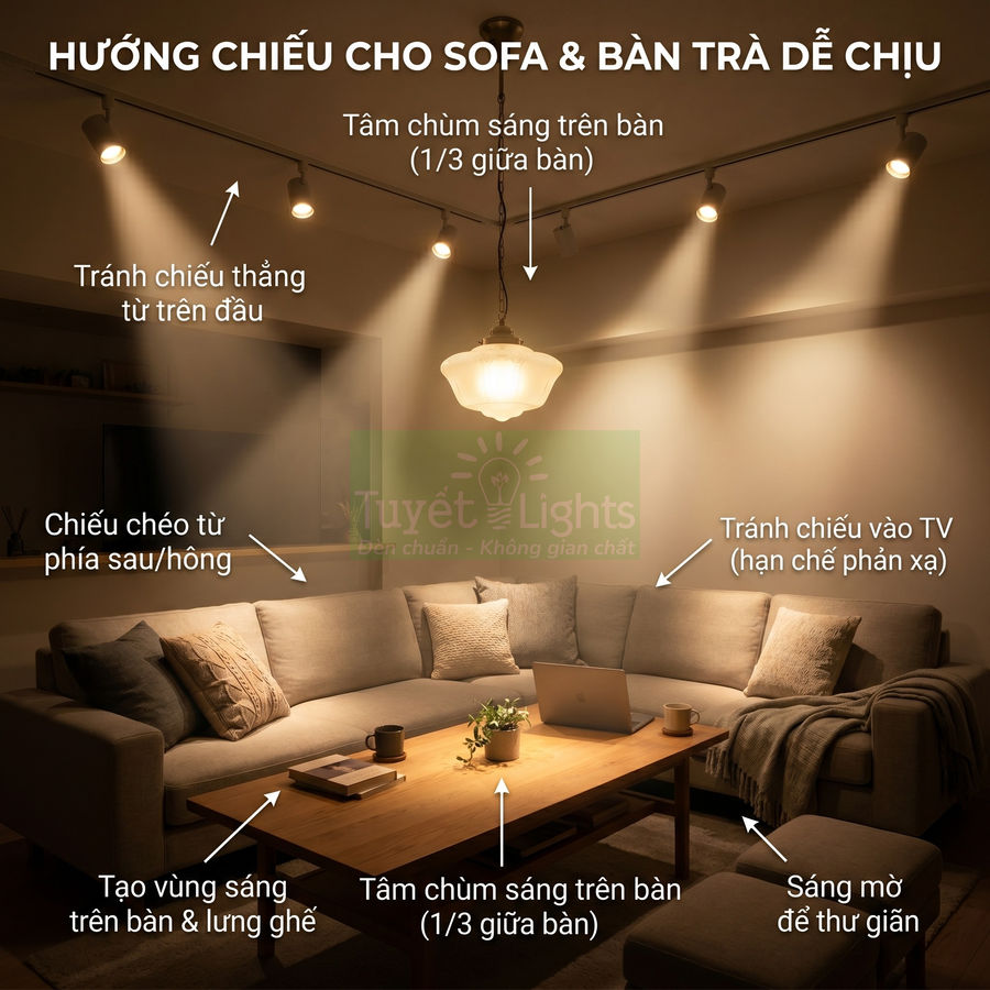 Bố trí đèn trần Tuyết Lights chiếu sáng sofa và bàn trà phòng khách tạo không gian ấm cúng