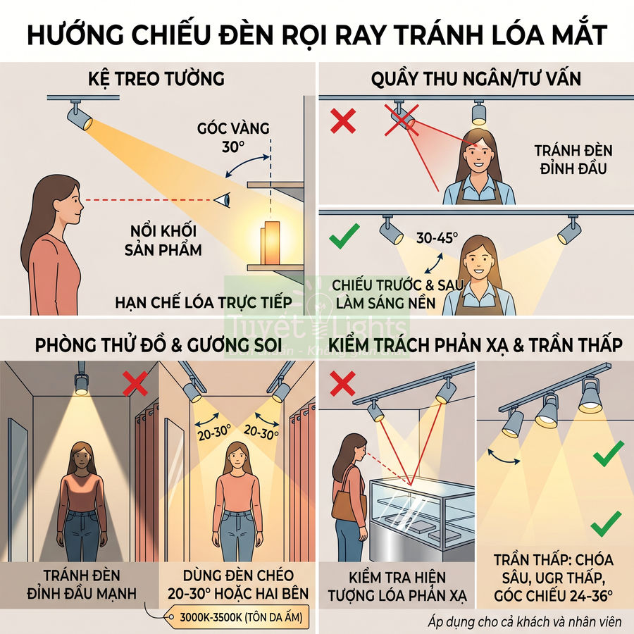 Hướng dẫn lắp đặt đèn rọi ray chống lóa cho kệ trưng bày, quầy thu ngân và phòng thử đồ