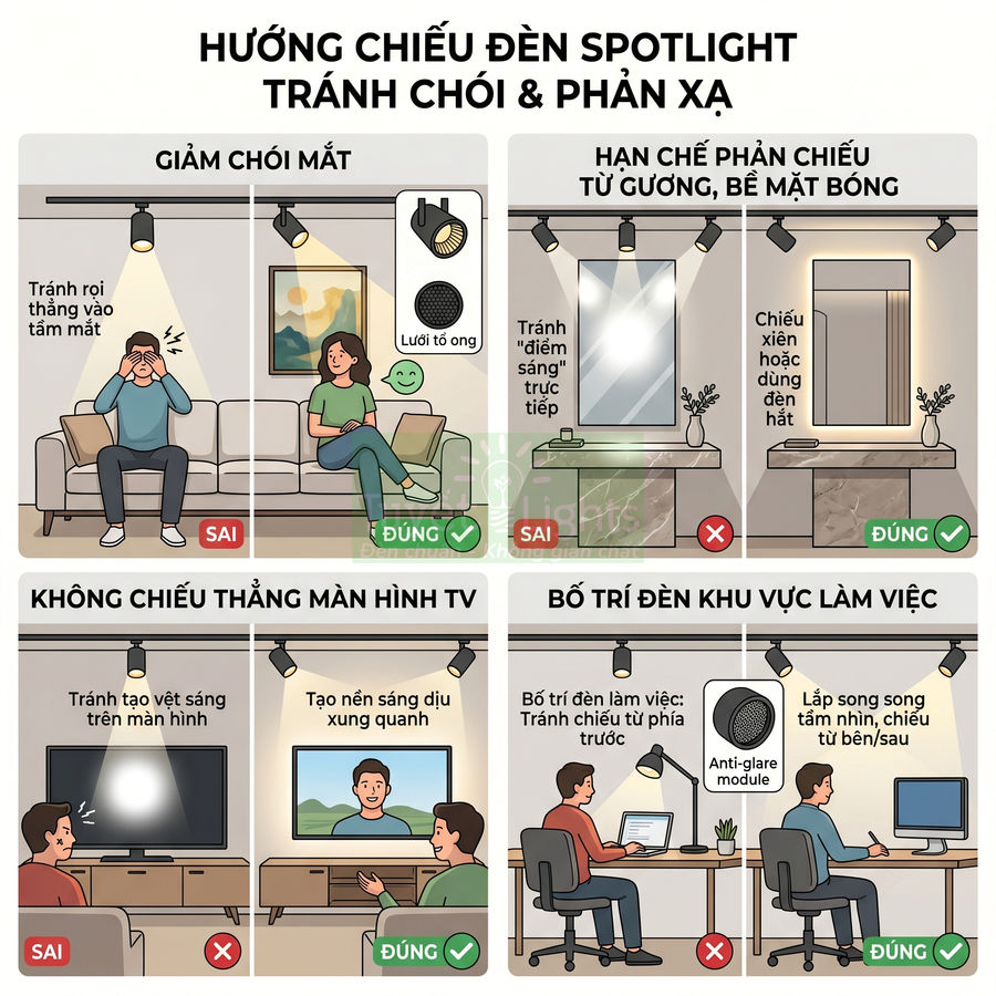 Hướng dẫn bố trí đèn spotlight trong phòng khách và phòng làm việc để giảm chói và hạn chế phản xạ