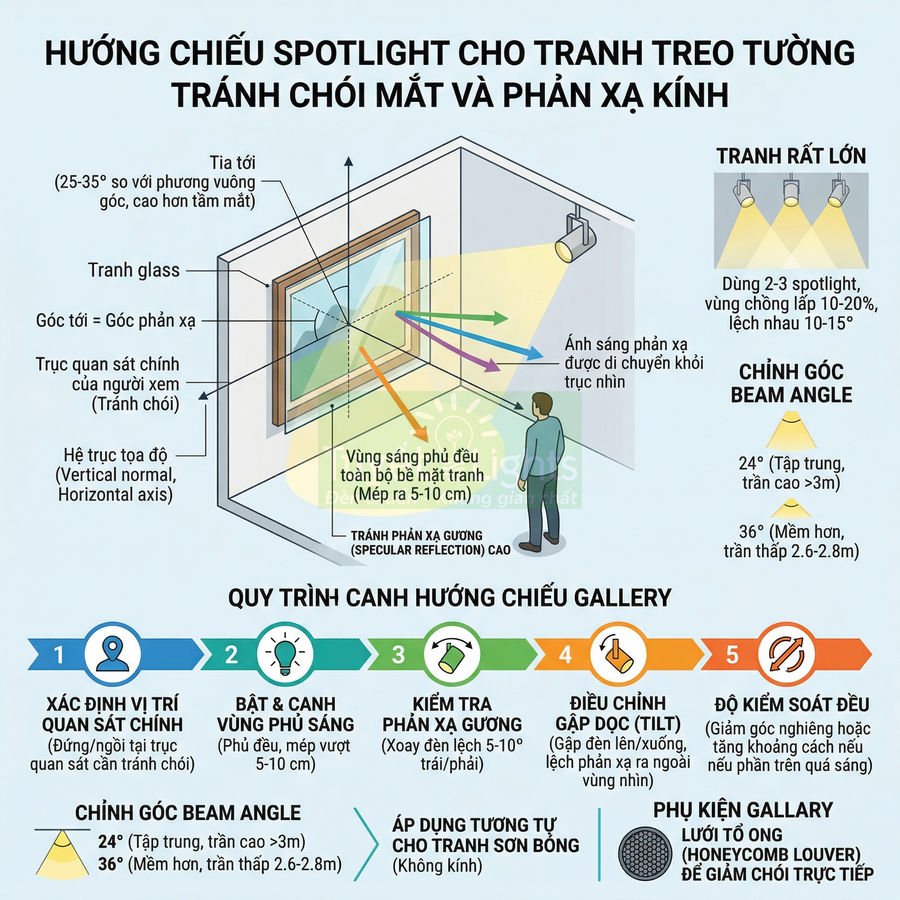 Hướng dẫn chiếu đèn spotlight cho tranh treo tường tránh chói mắt và phản xạ kính trong gallery