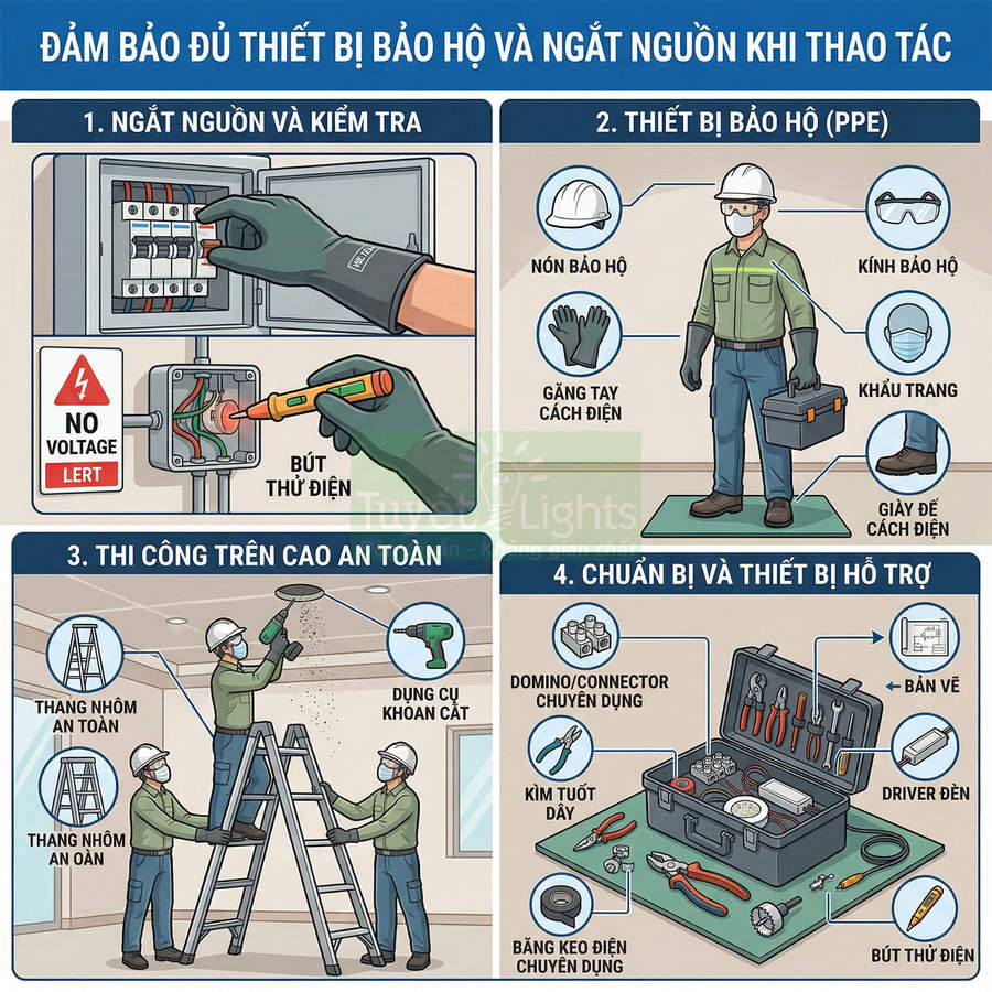 Hướng dẫn an toàn lao động điện với thiết bị bảo hộ, thang nhôm, dụng cụ thi công và hộp đồ nghề chuyên dụng