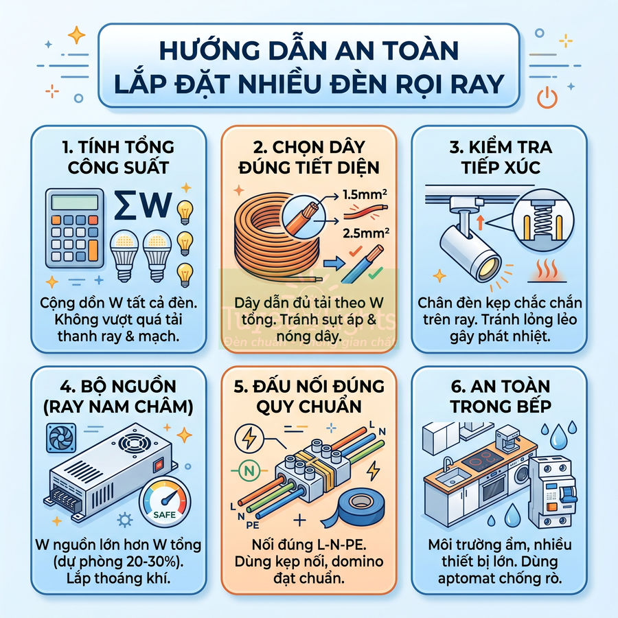 Hướng dẫn an toàn lắp đặt nhiều đèn rọi ray với tính công suất, chọn dây, bộ nguồn và đấu nối đúng chuẩn