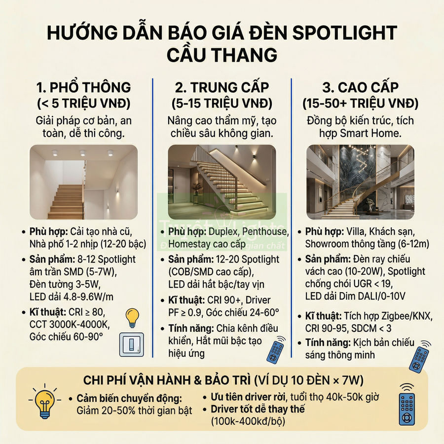 Hướng dẫn chọn đèn spotlight cầu thang với ba gói phổ thông, trung cấp và cao cấp kèm thông số kỹ thuật