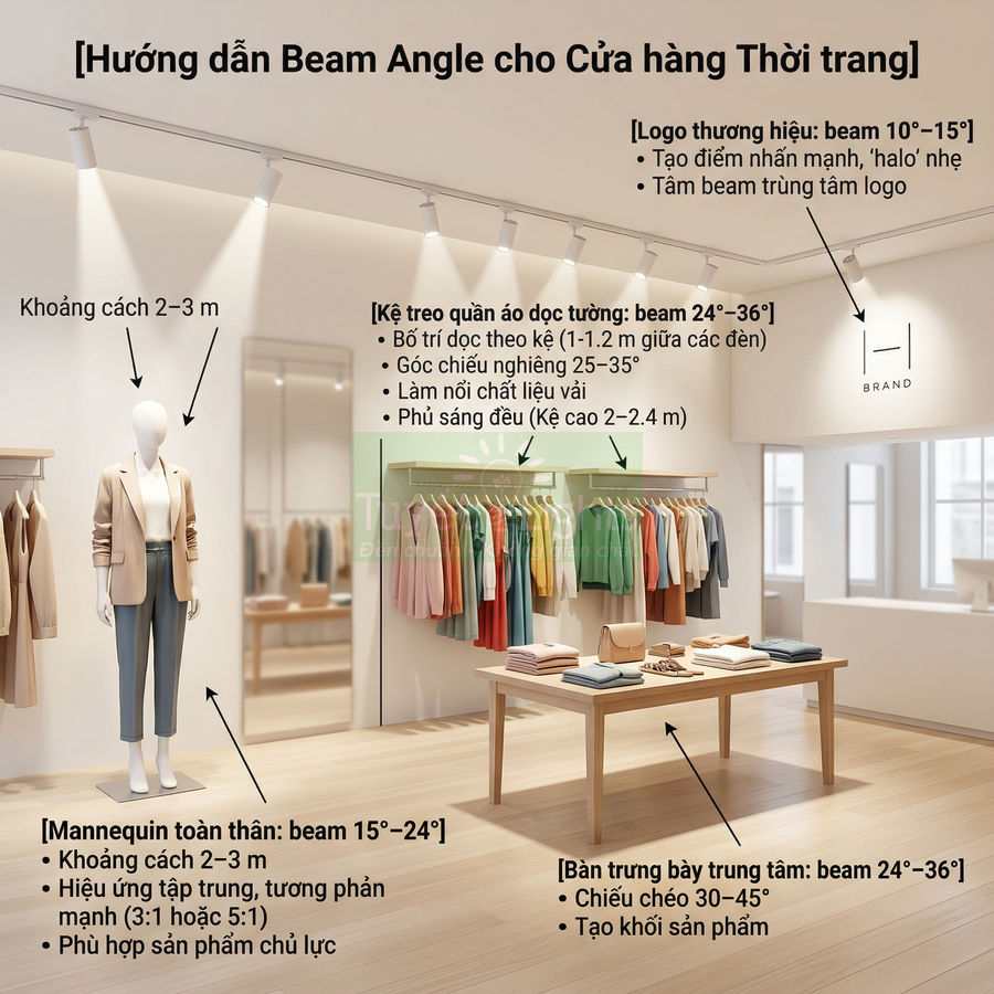 Hướng dẫn bố trí đèn rọi beam angle cho cửa hàng thời trang với mannequin, kệ treo áo và bàn trưng bày sản phẩm