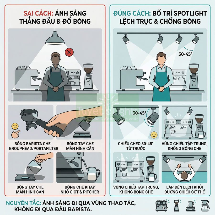 Hướng dẫn bố trí đèn spotlight cho quầy pha chế cà phê với máy pha, máy xay và barista tránh bóng che thao tác