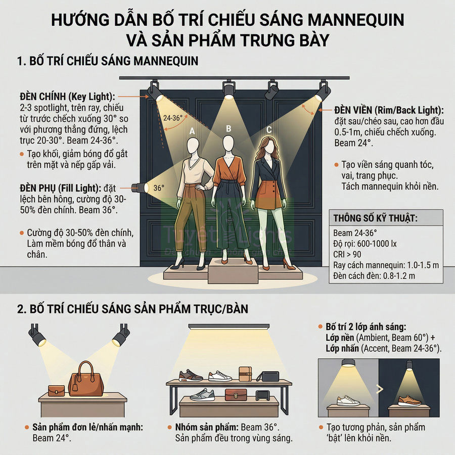 Hướng dẫn bố trí đèn chiếu sáng cho mannequin và sản phẩm trưng bày trong cửa hàng thời trang