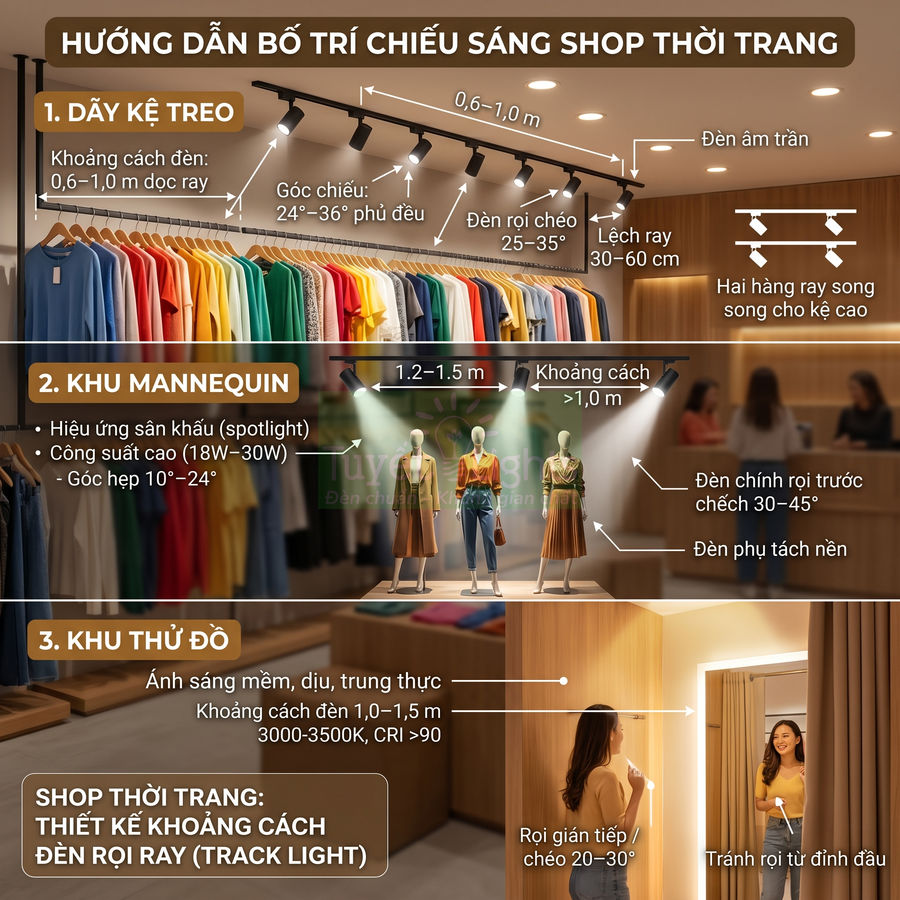 Hướng dẫn bố trí đèn rọi ray cho shop thời trang với khu kệ treo, mannequin và phòng thử đồ