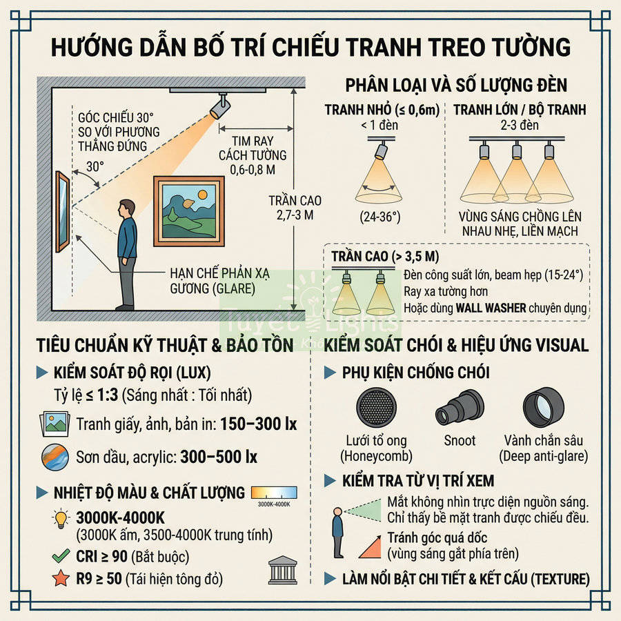 Hướng dẫn bố trí đèn chiếu tranh treo tường, tiêu chuẩn độ rọi và phụ kiện chống chói cho phòng trưng bày