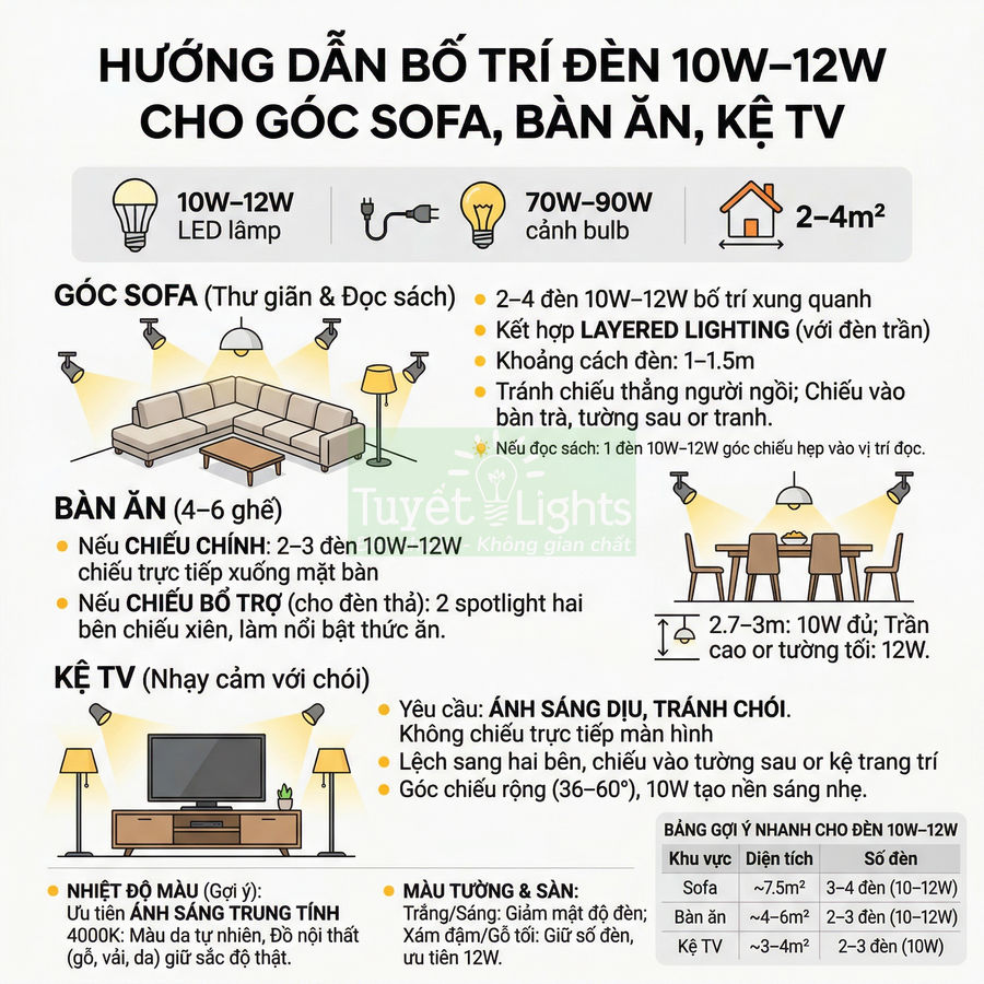 Infographic hướng dẫn bố trí đèn LED 10W 12W cho góc sofa, bàn ăn, kệ TV trong phòng khách