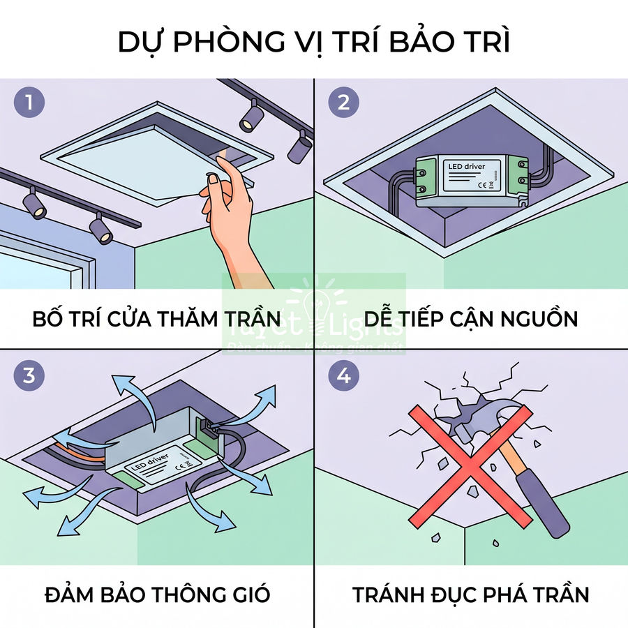 Hướng dẫn bố trí cửa thăm trần để bảo trì nguồn LED driver, đảm bảo thông gió và tránh đục phá trần