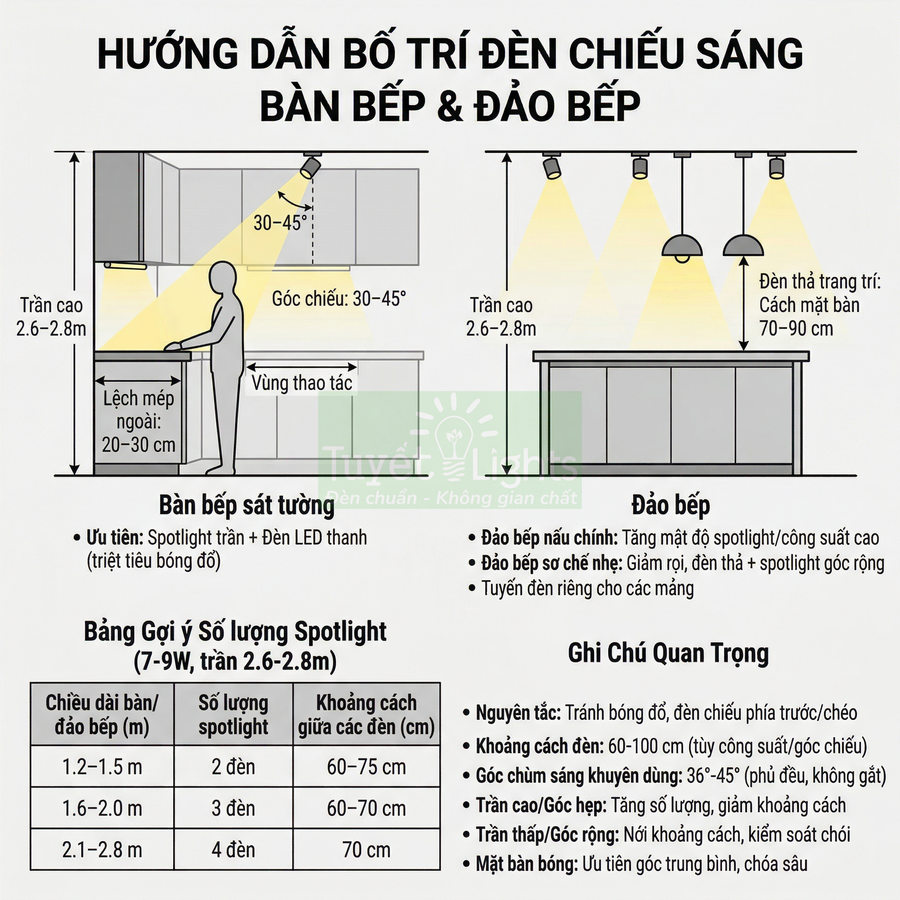 Hướng dẫn bố trí đèn chiếu sáng cho bàn bếp và đảo bếp với spotlight và đèn thả trần