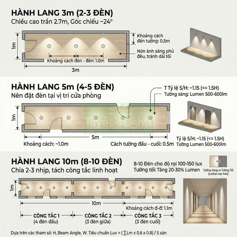 Sơ đồ bố trí đèn âm trần chiếu sáng hành lang dài 3m 5m 10m với khoảng cách và số lượng đèn gợi ý