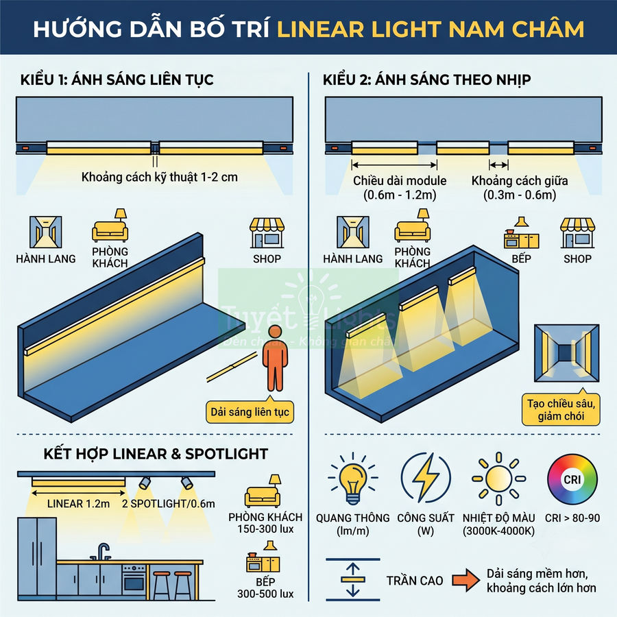 Hướng dẫn bố trí đèn linear light nam châm cho hành lang, phòng khách, bếp và shop, kết hợp linear và spotlight