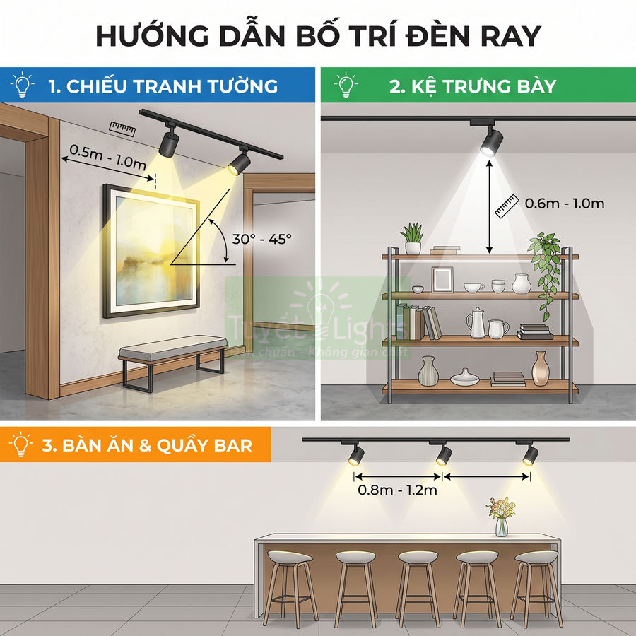Hướng dẫn bố trí đèn ray chiếu tranh tường, kệ trưng bày và bàn ăn quầy bar trong nhà