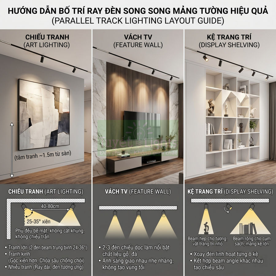 Hướng dẫn bố trí ray đèn rọi song song tường cho chiếu tranh, vách TV và kệ trang trí trong phòng khách hiện đại