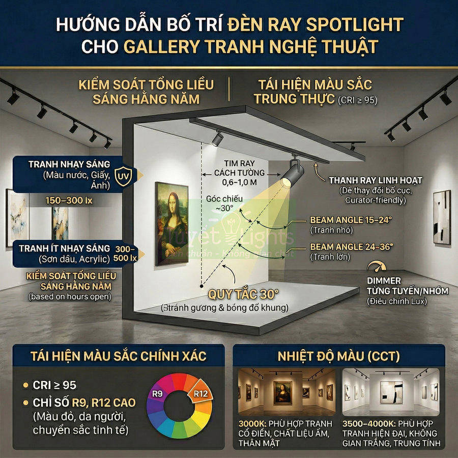 Hướng dẫn bố trí đèn ray spotlight cho gallery tranh nghệ thuật với thông số CRI, CCT và góc chiếu tối ưu