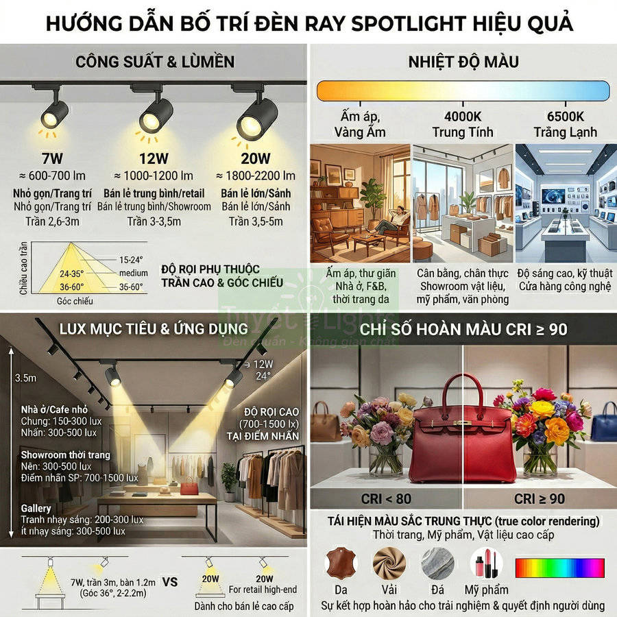 Hướng dẫn bố trí đèn ray spotlight hiệu quả với công suất, nhiệt độ màu và chỉ số CRI cho cửa hàng, showroom
