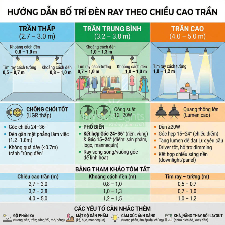 Hướng dẫn bố trí đèn ray chiếu sáng theo chiều cao trần nhà và khoảng cách lắp đặt phù hợp