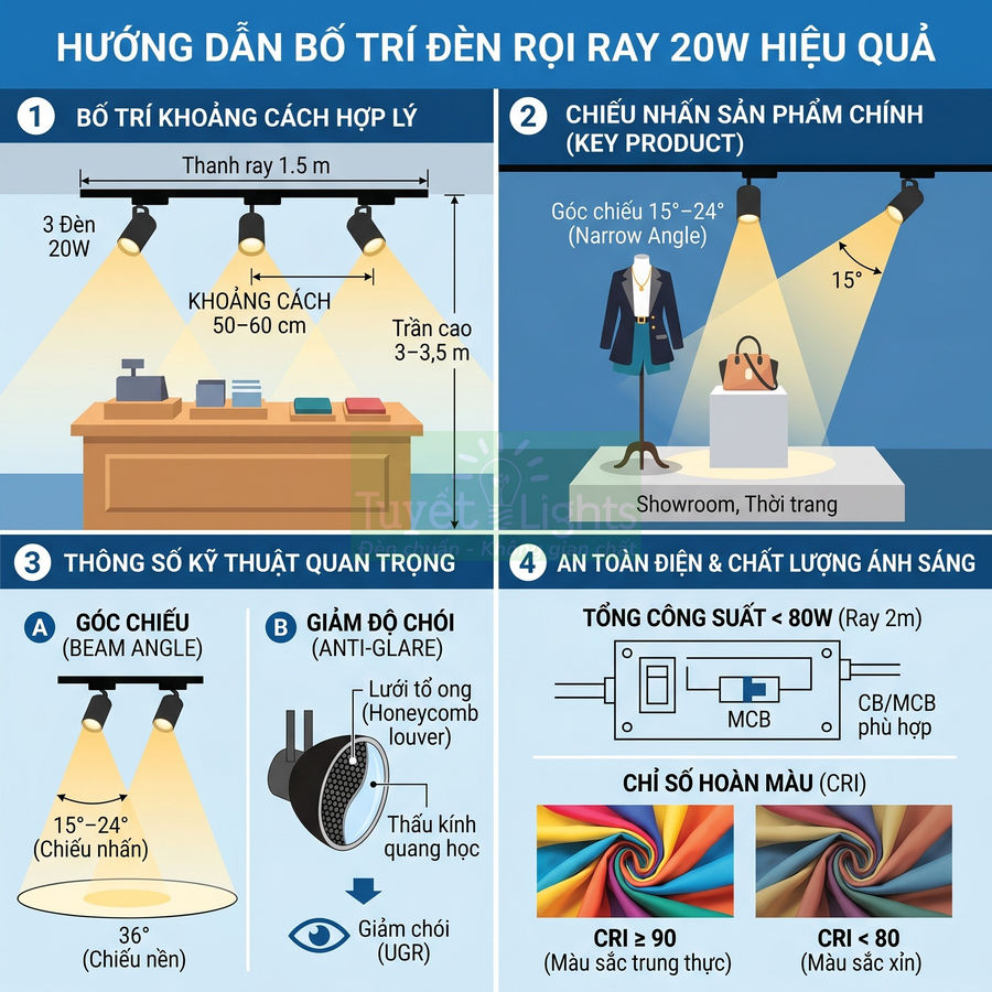 Hướng dẫn bố trí đèn rọi ray LED 20W chiếu sáng sản phẩm trong showroom thời trang