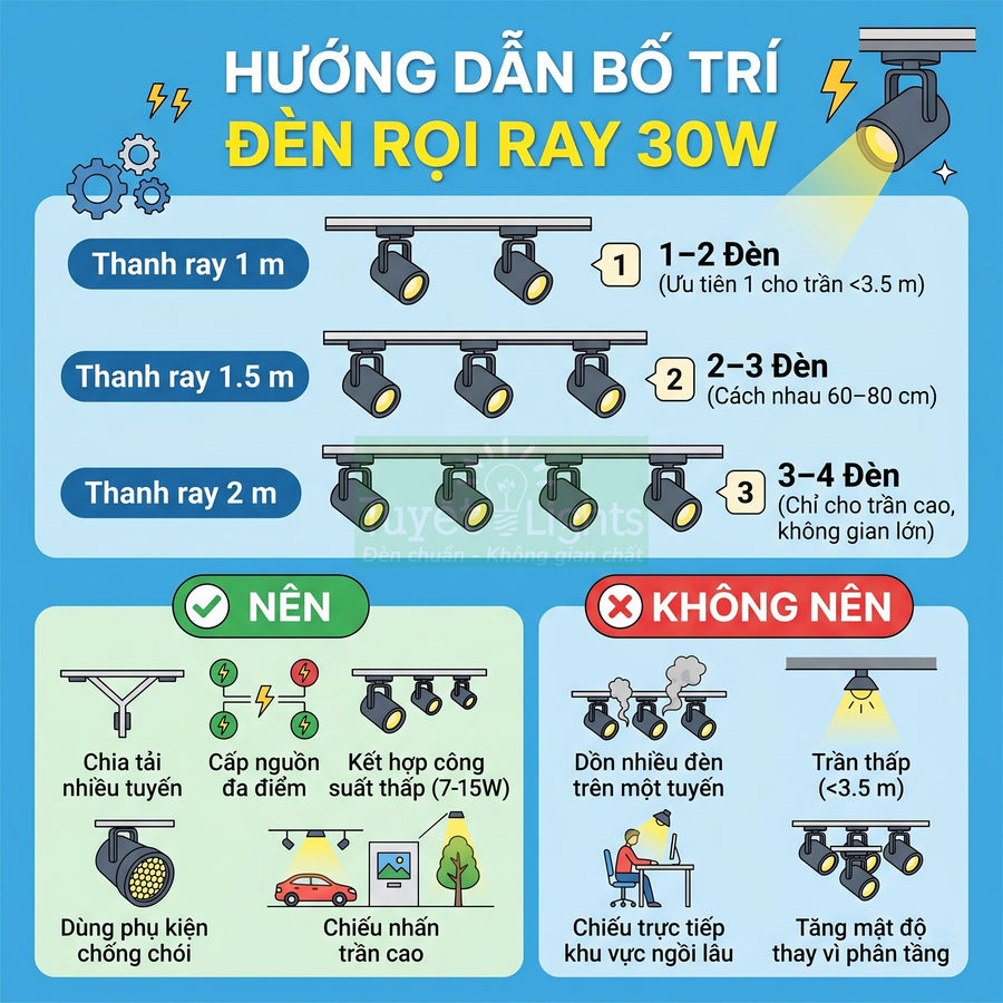 Hướng dẫn bố trí đèn rọi ray 30W trên các thanh ray 1m 1.5m 2m kèm lưu ý nên và không nên