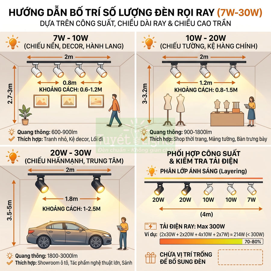 Hướng dẫn bố trí số lượng đèn rọi ray 7W đến 30W theo công suất, chiều dài ray và chiều cao trần