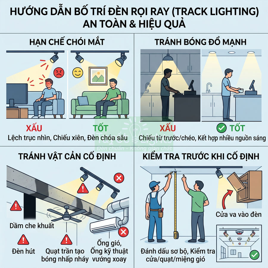 Hướng dẫn bố trí đèn rọi ray trong nhà an toàn hiệu quả, tránh chói mắt và bóng đổ, không bị vật cản che khuất