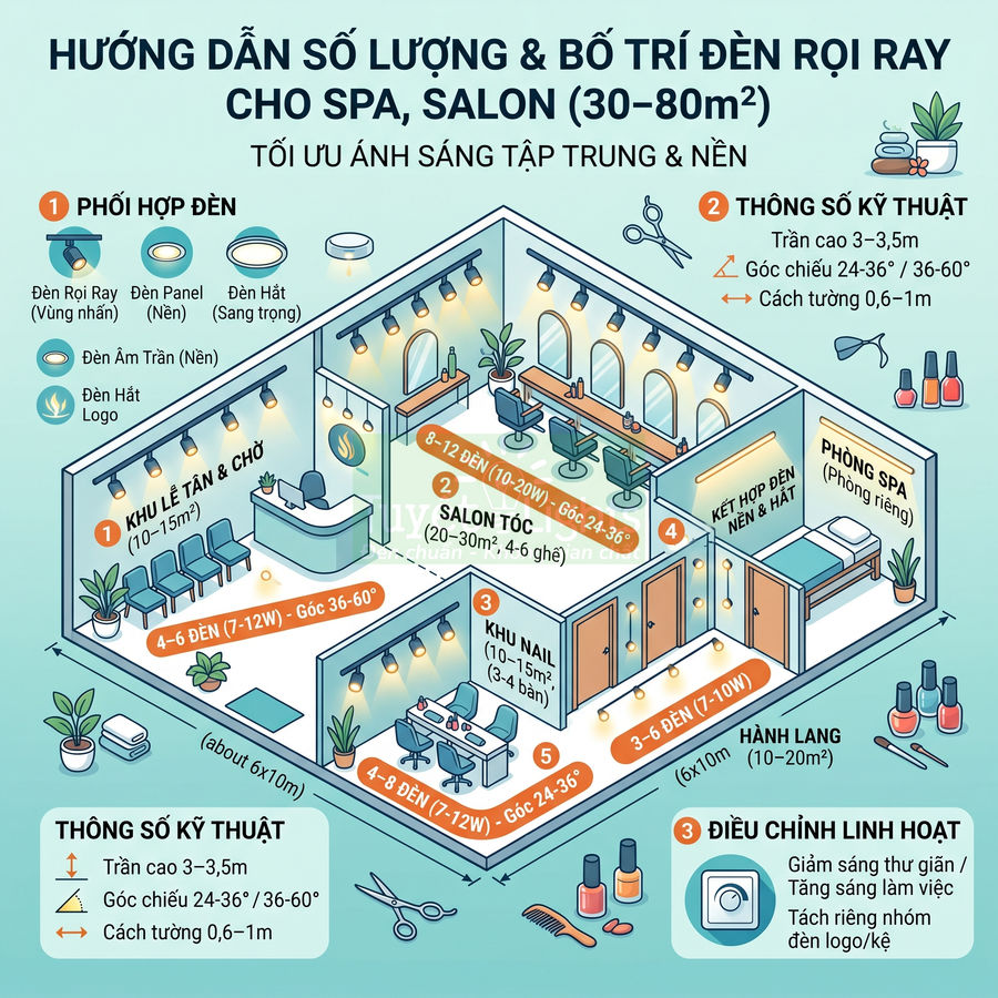 Sơ đồ bố trí số lượng và vị trí đèn rọi ray cho spa salon diện tích 30 đến 80 mét vuông