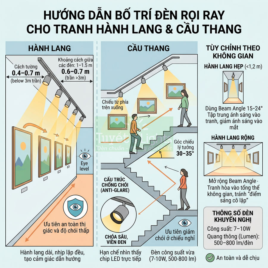Hướng dẫn bố trí đèn rọi ray chiếu tranh cho hành lang và cầu thang, minh họa góc chiếu và khoảng cách lắp đặt