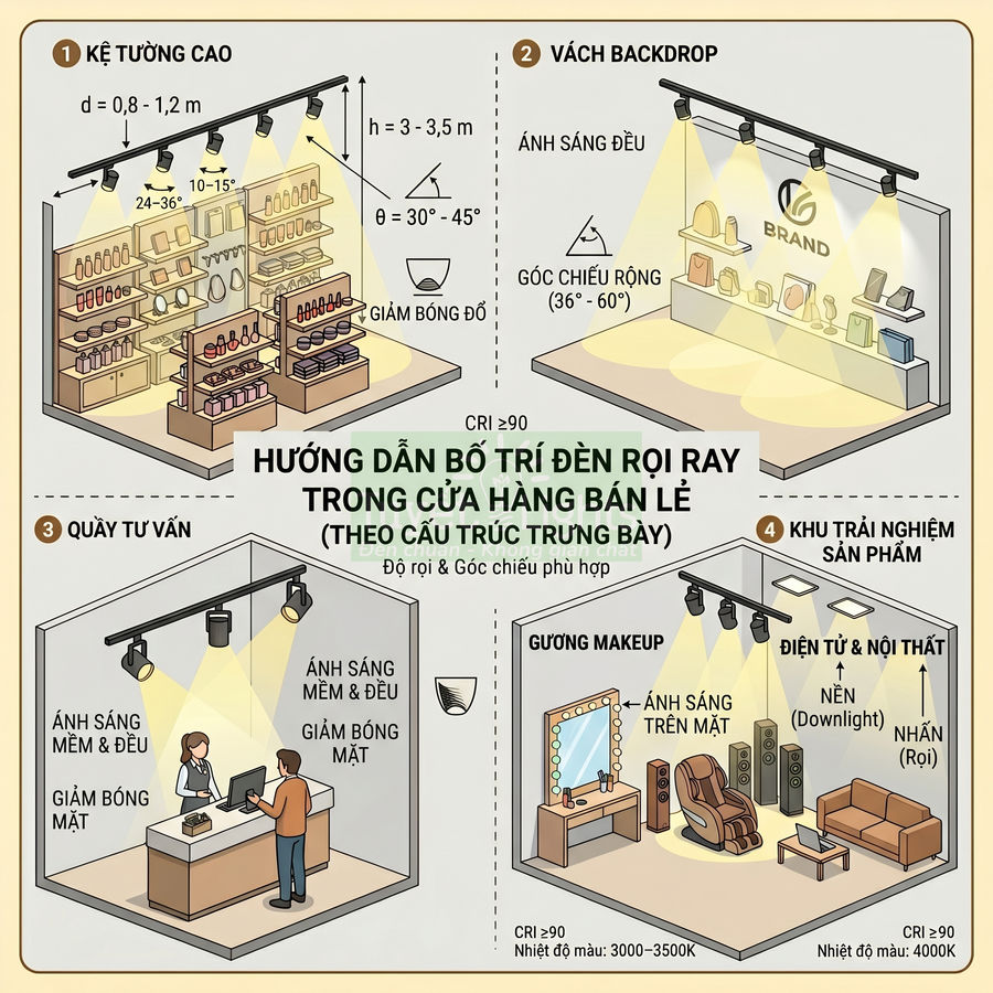 Hướng dẫn bố trí đèn rọi ray chiếu sáng kệ trưng bày, quầy tư vấn và khu trải nghiệm trong cửa hàng bán lẻ