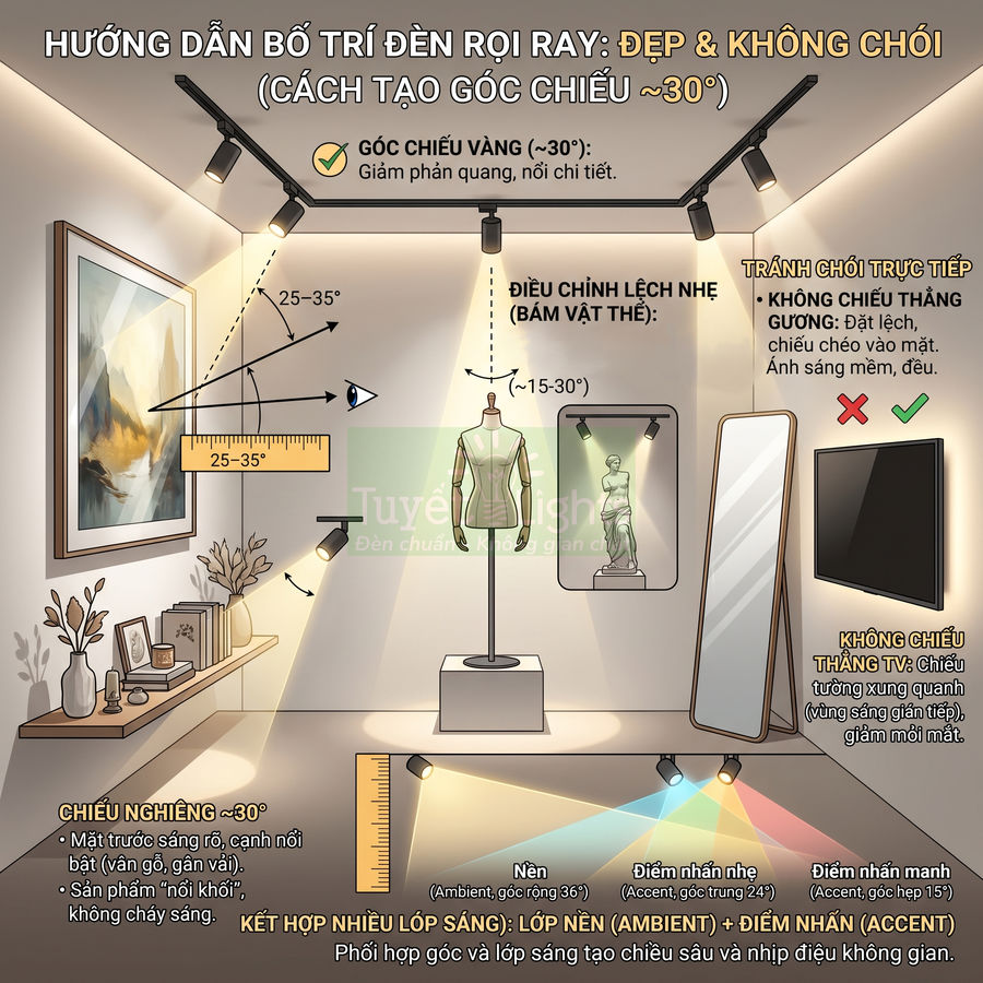 Hướng dẫn bố trí đèn rọi ray trong phòng trưng bày với mannequin, tranh treo tường và gương toàn thân
