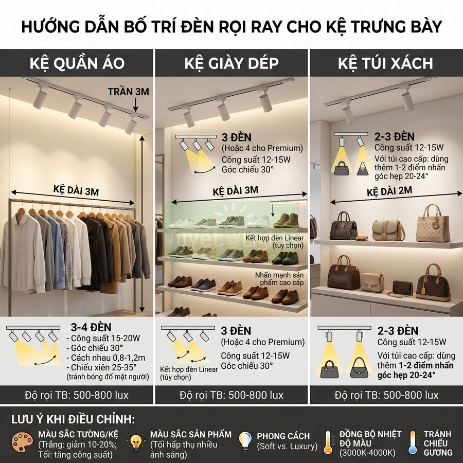 Hướng dẫn bố trí đèn rọi ray chiếu sáng kệ quần áo, giày dép và túi xách trong cửa hàng thời trang