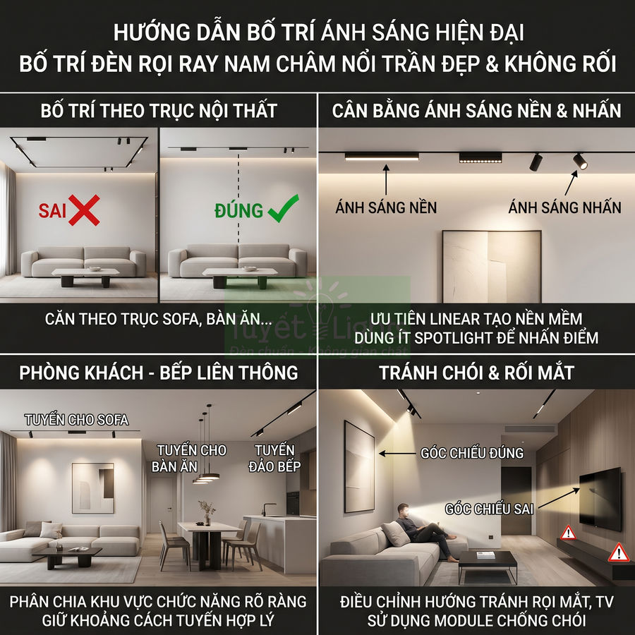 Hướng dẫn bố trí đèn rọi ray nam châm nổi trần cho phòng khách và bếp hiện đại, tránh chói và rối mắt