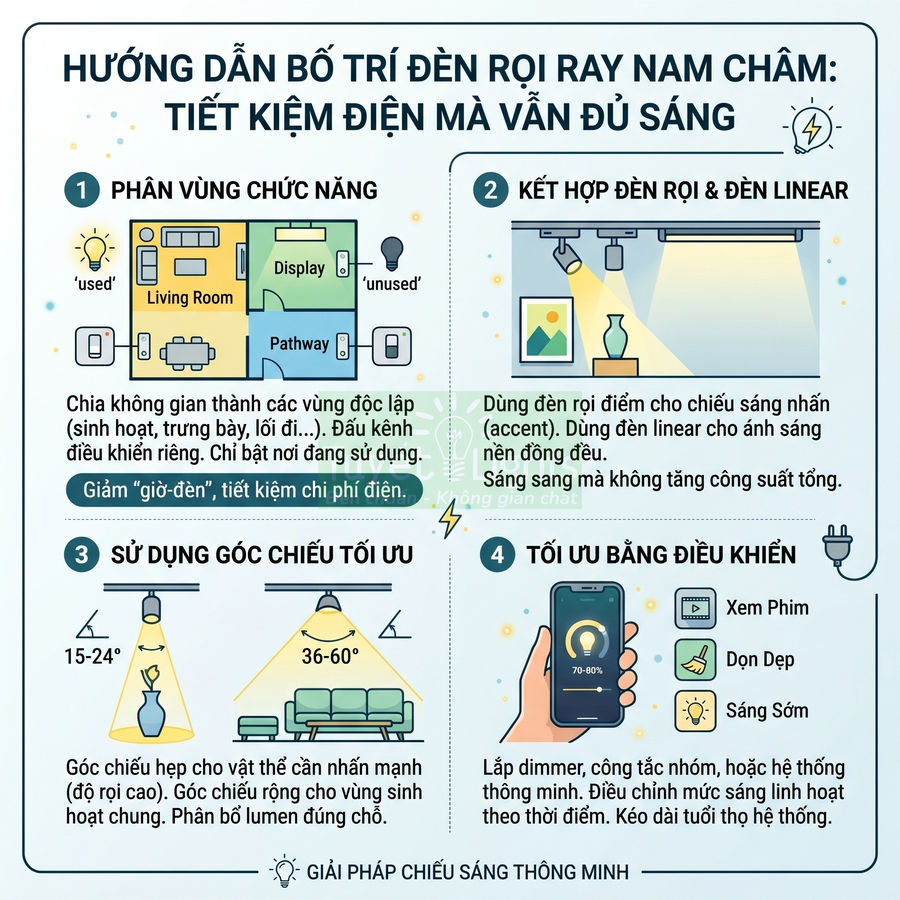 Infographic hướng dẫn bố trí đèn rọi ray nam châm tiết kiệm điện cho phòng khách và không gian sống