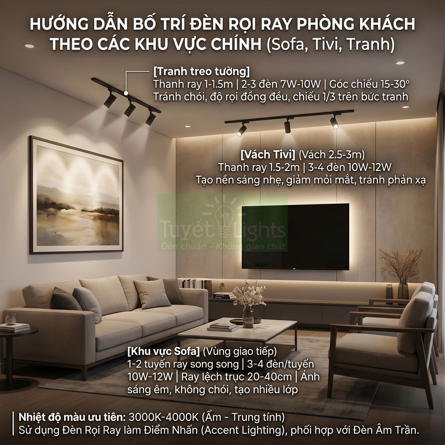 Phòng khách hiện đại với sofa, tivi treo tường và hệ thống đèn rọi ray chiếu sáng các khu vực chính