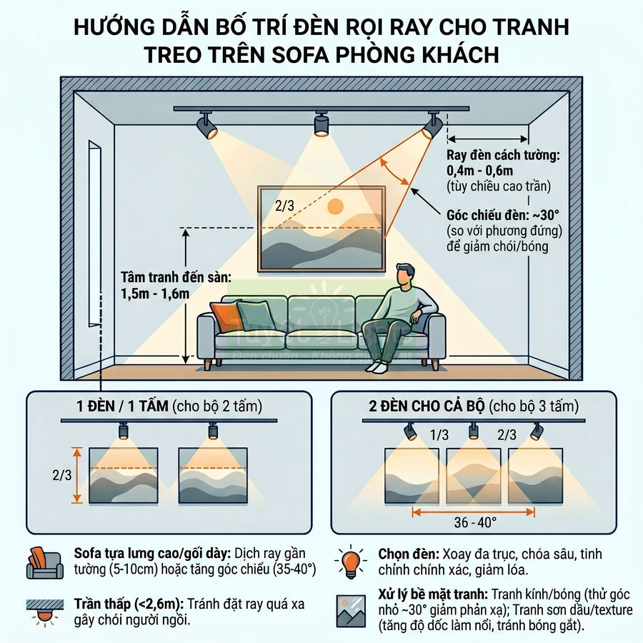 Hướng dẫn bố trí đèn rọi ray chiếu tranh treo trên tường phía trên sofa phòng khách