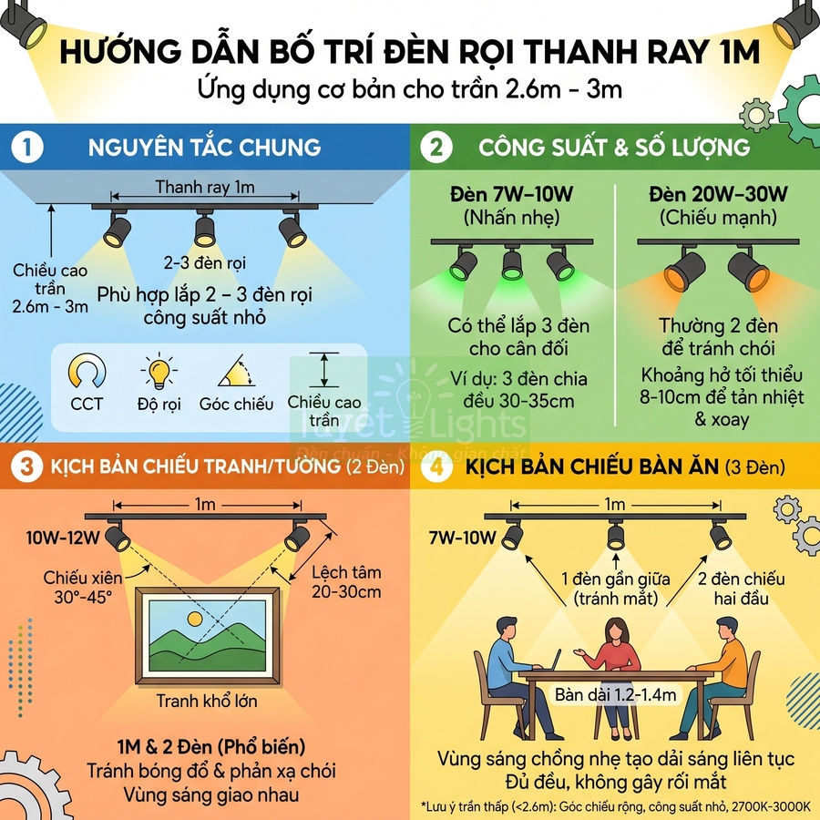 Hướng dẫn bố trí đèn rọi thanh ray 1m cho trần nhà, minh họa công suất và số lượng đèn chiếu sáng