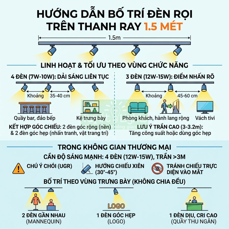 Hướng dẫn bố trí đèn rọi ray 1.5m cho quầy bar, phòng khách, kệ trưng bày và không gian thương mại