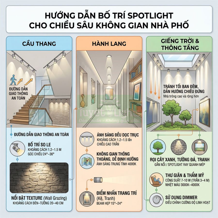 Hướng dẫn bố trí đèn spotlight cho cầu thang, hành lang, giếng trời và thông tầng trong nhà phố