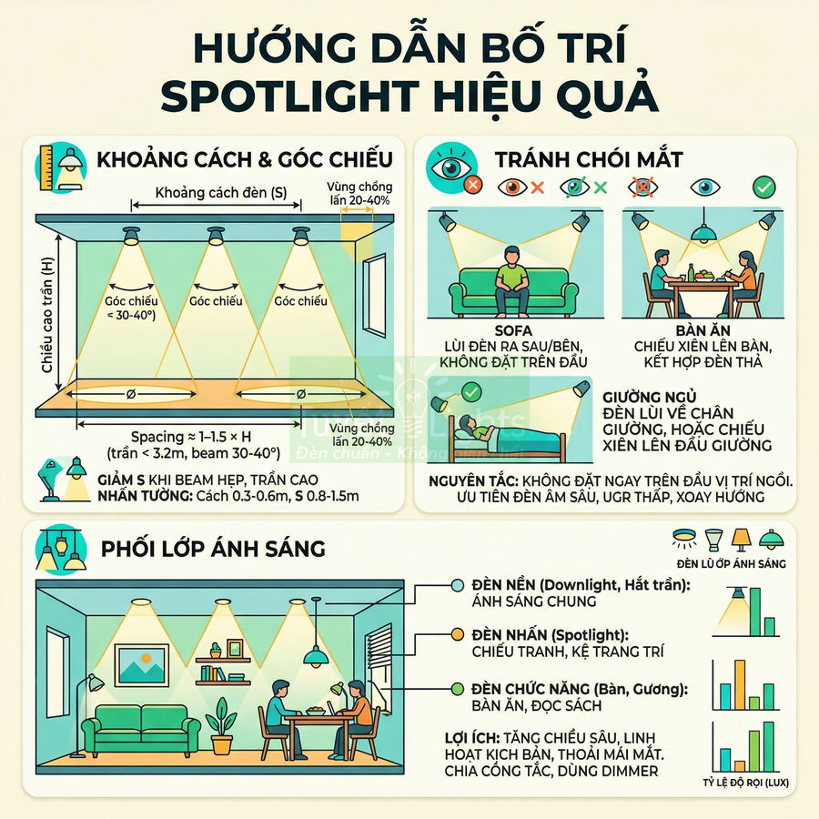 Infographic hướng dẫn bố trí đèn spotlight trong phòng khách, phòng ăn và phòng ngủ để chiếu sáng hiệu quả, tránh chói mắt